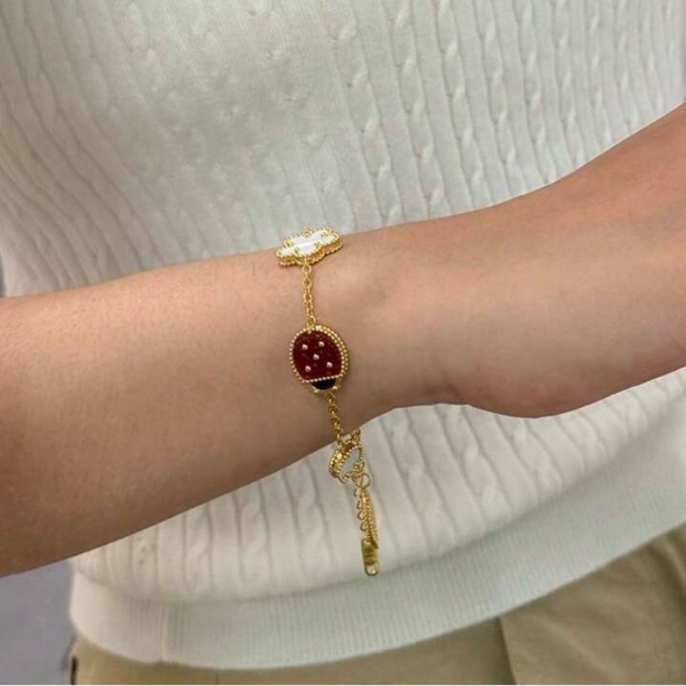 Gold Bracelet with Red Ladybug and White Enamel Charms